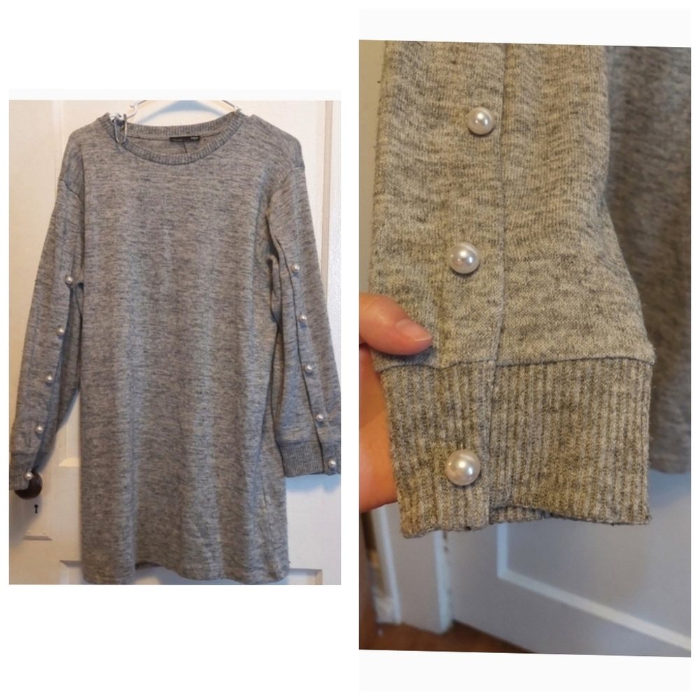 Zara Sweater Long Lined with Pearl Sleeve Detail in Gray